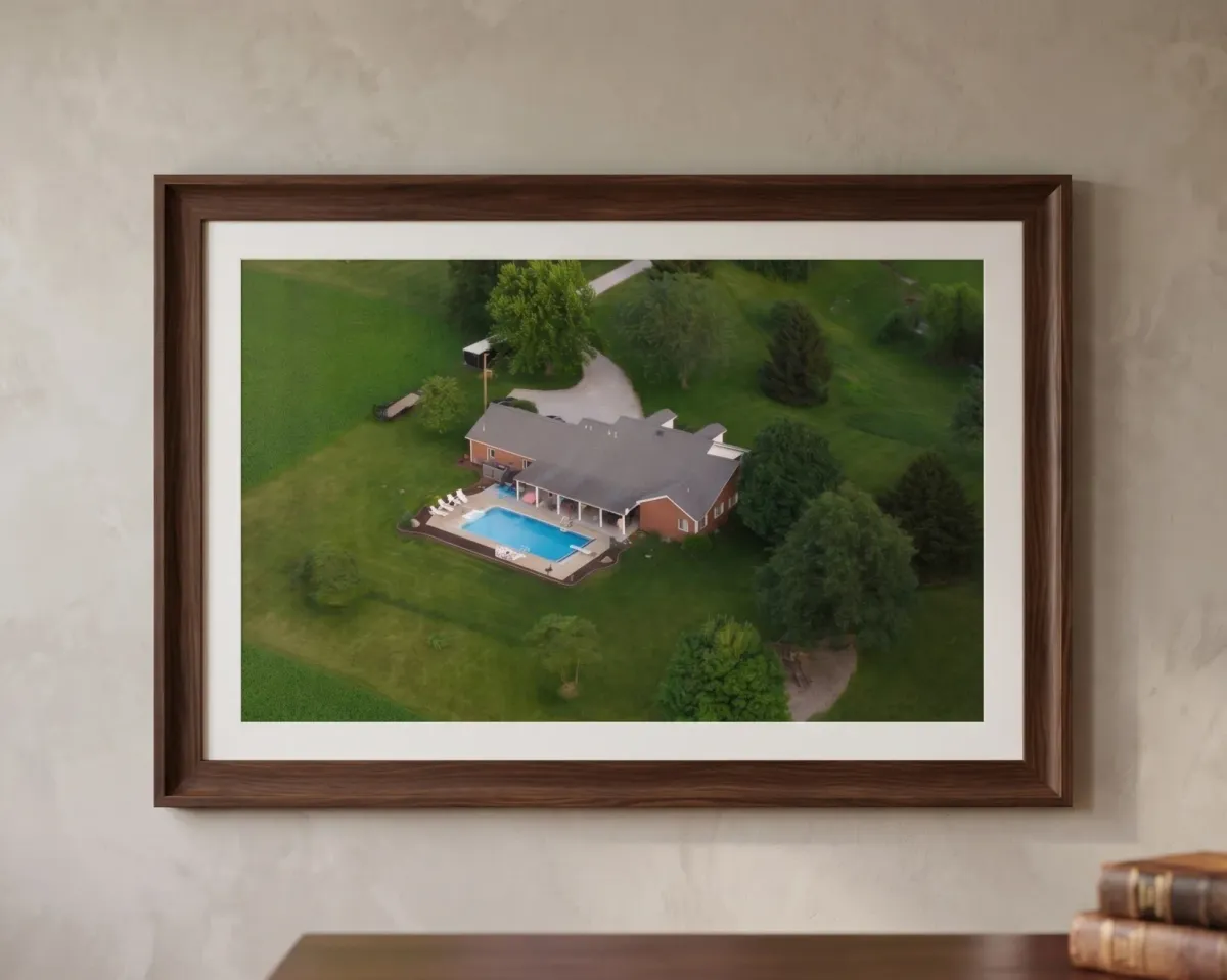 A framed photo of a home with a pool taken from above
